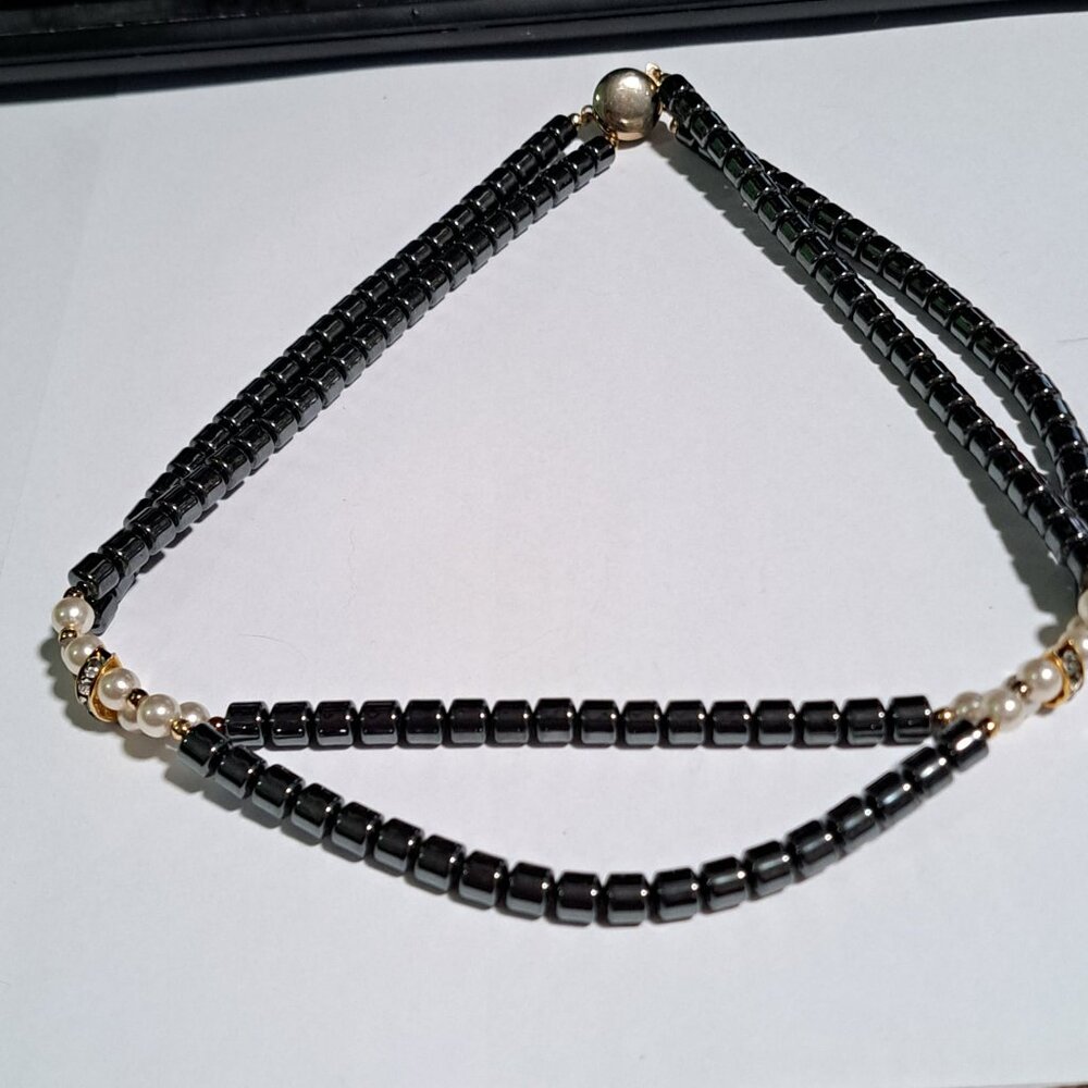 gun metal gold pearl like beaded necklace